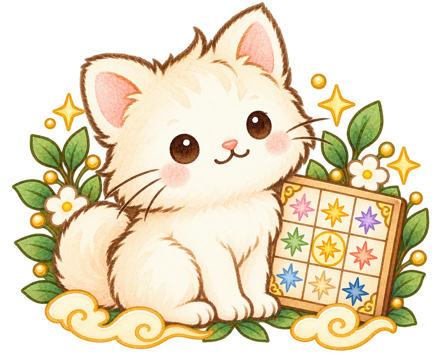 九星盤を持つ白い猫