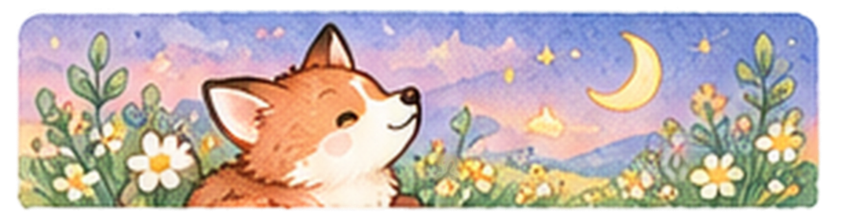 月夜の花畑で空を見上げるキツネ