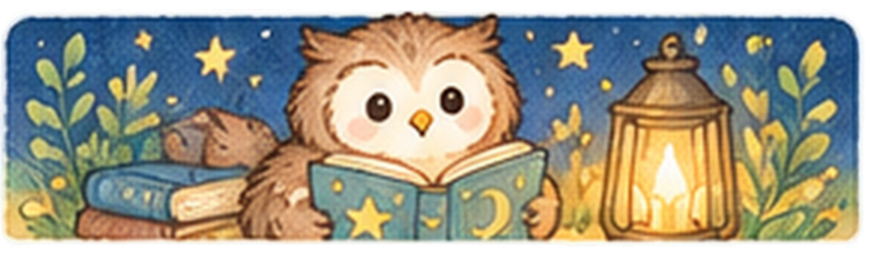 星空の下で本を読むフクロウ