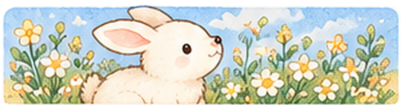 青空の花畑にいるウサギ