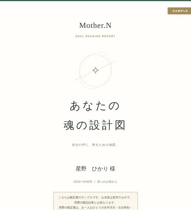 鑑定書サンプルの表紙（架空のお名前「星野 ひかり様」）